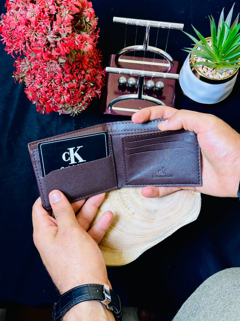 T.M Central Strip Leather Wallet – Midnight Black Edition
